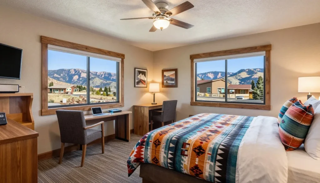 Comfortable rustic hotel room interior with western decor and mountain view