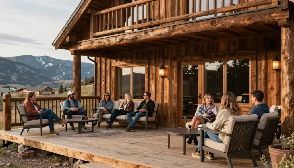 Comfortable rustic mountain lodge accommodation with diverse guests relaxing on wooden deck overlooking Colorado mountains