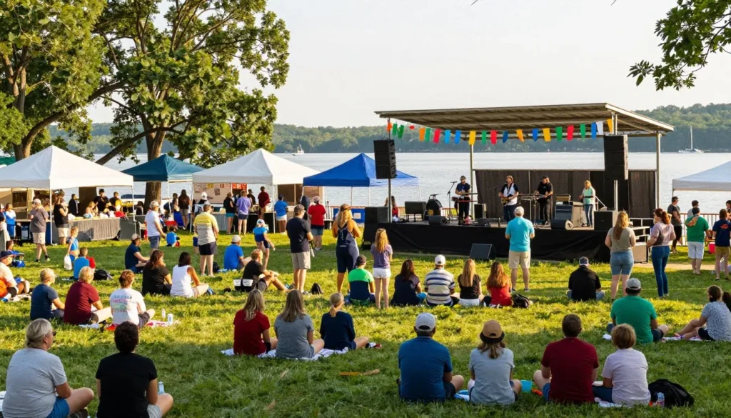 Community festival near Boone Lake with live music performance and crowds