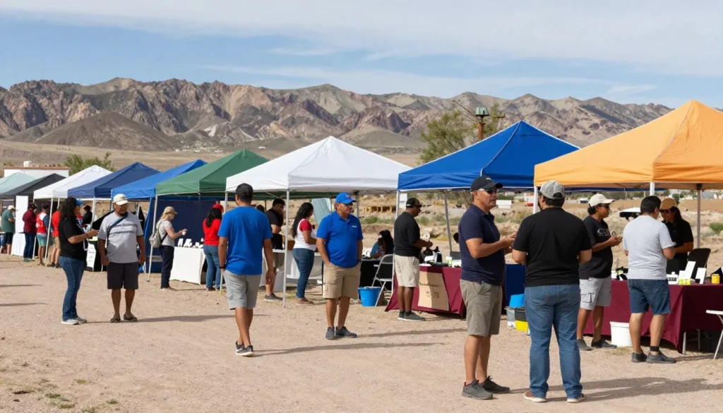Community gathering at outdoor festival in Nevada desert setting Community gathering at outdoor festival in Nevada desert setting