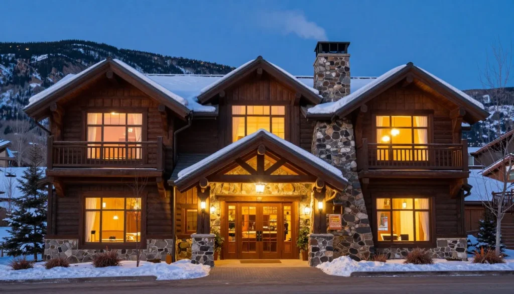 Cozy Colorado mountain lodge exterior in winter snow near Loveland Ski Area Cozy Colorado mountain lodge exterior in winter snow near Loveland Ski Area