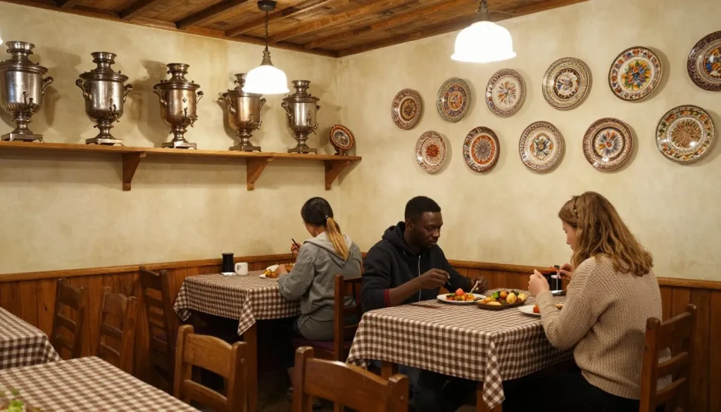 Cozy Russian restaurant interior with traditional wooden furniture and samovars