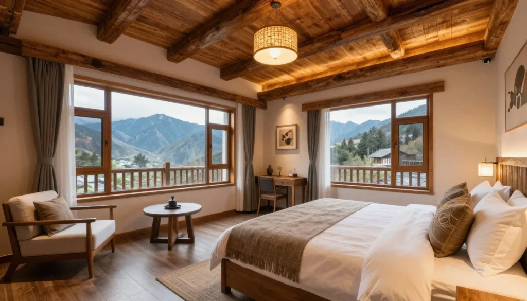 Cozy bed and breakfast room interior with rustic mountain decor and large windows showing mountain views Cozy bed and breakfast room interior with rustic mountain decor and large windows showing mountain views