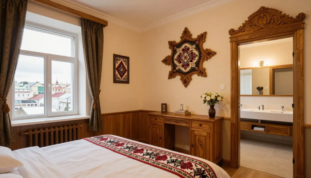 Cozy guesthouse room interior with traditional Russian decor