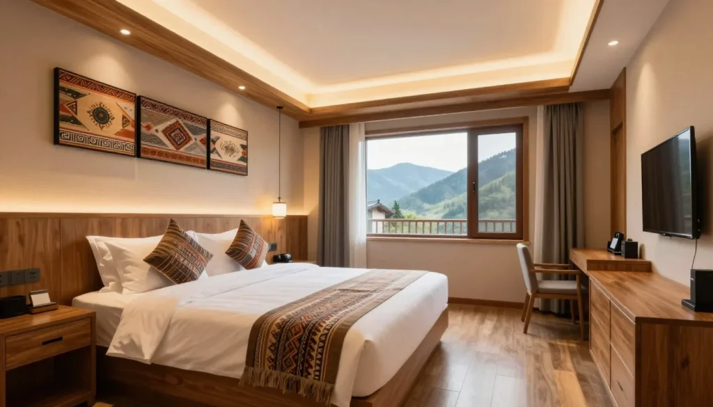 Cozy hotel room interior with mountain view through large windows and rustic Colorado decor