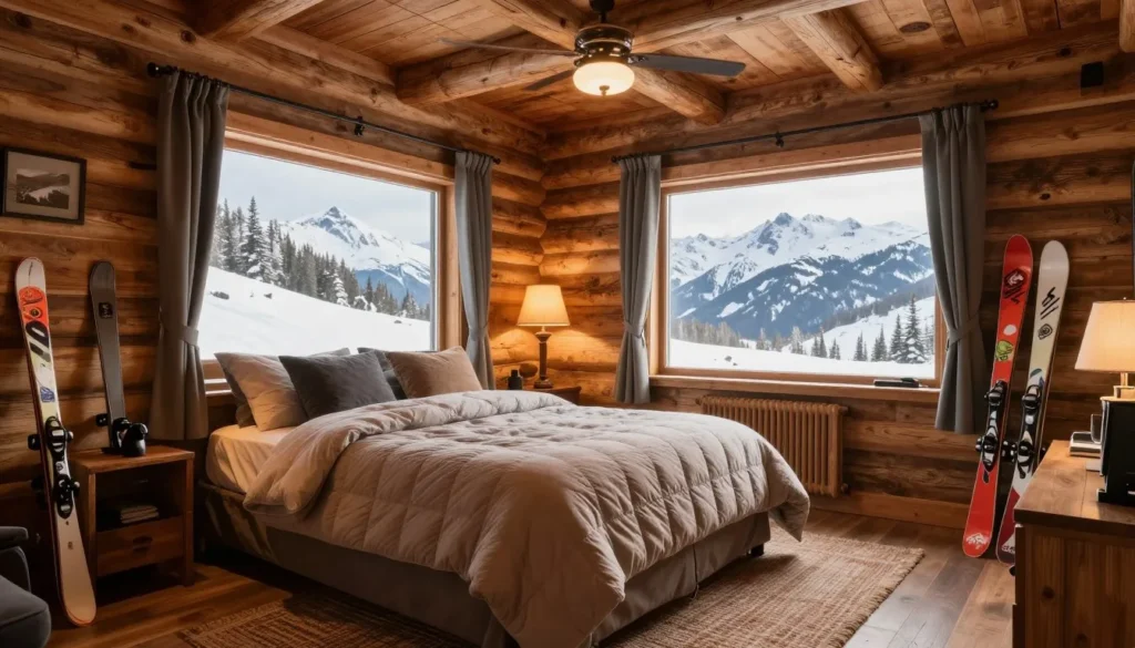 Cozy mountain lodge bedroom interior with rustic wooden furniture and mountain view