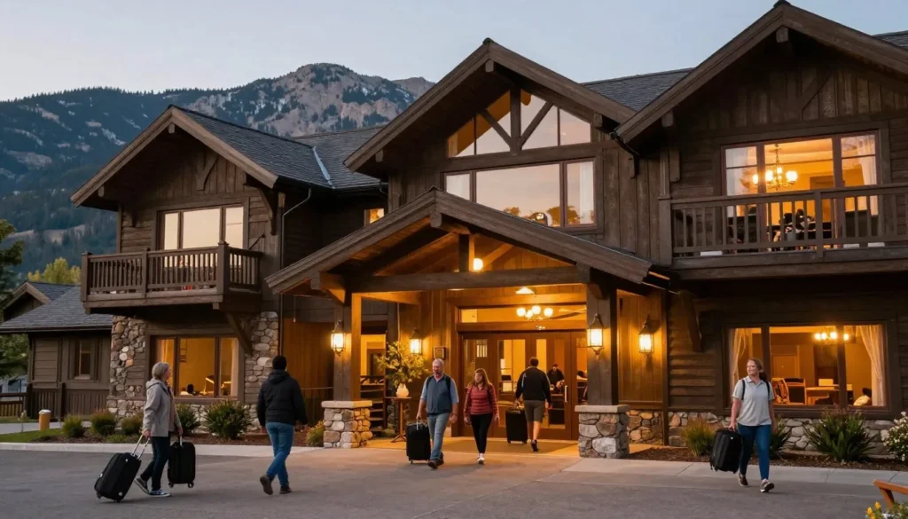Cozy mountain lodge exterior with diverse guests arriving in evening light