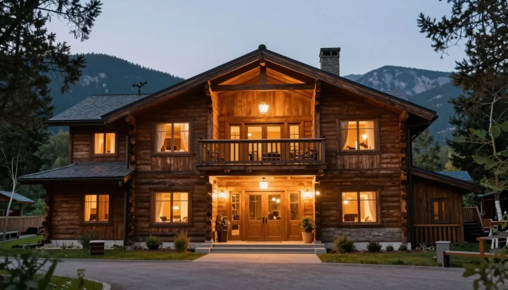 Cozy mountain lodge exterior with scenic views