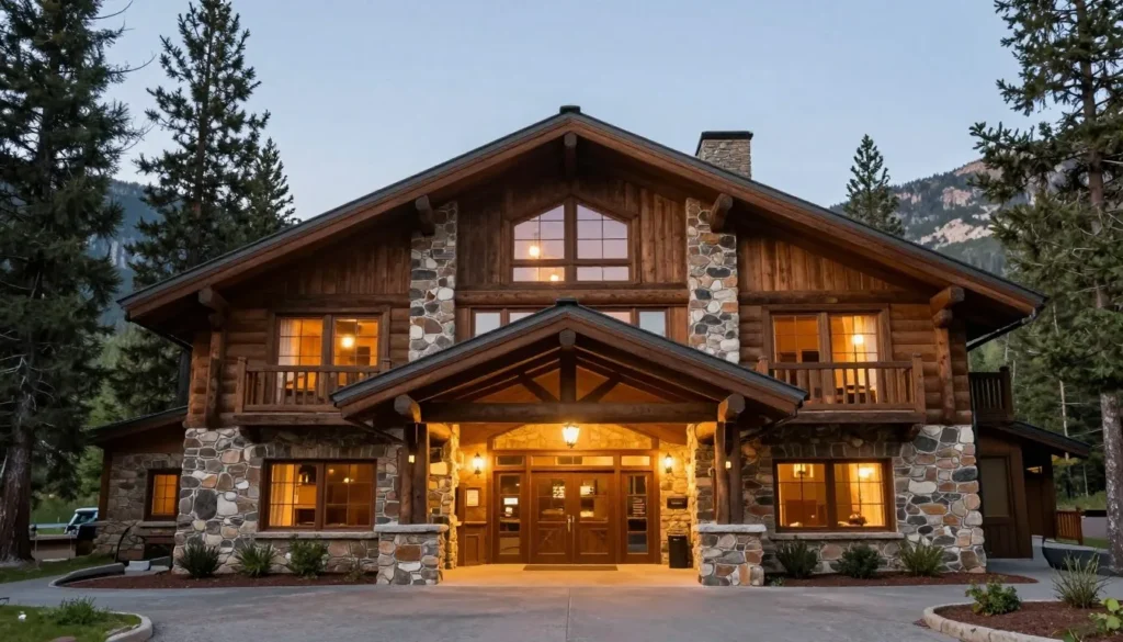 Cozy mountain lodge exterior with stone and timber construction nestled among pine trees on a sunny day Cozy mountain lodge exterior with stone and timber construction nestled among pine trees on a sunny day