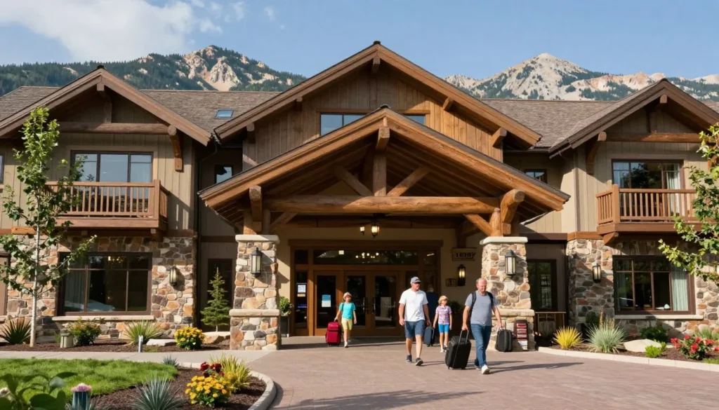 Cozy mountain lodge exterior with stone facade and guests arriving at entrance