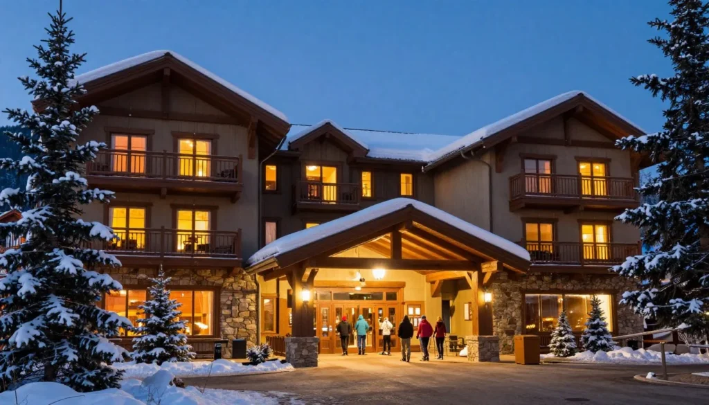Cozy mountain lodge exterior with warm lighting and snow-covered pine trees at dusk Cozy mountain lodge exterior with warm lighting and snow-covered pine trees at dusk