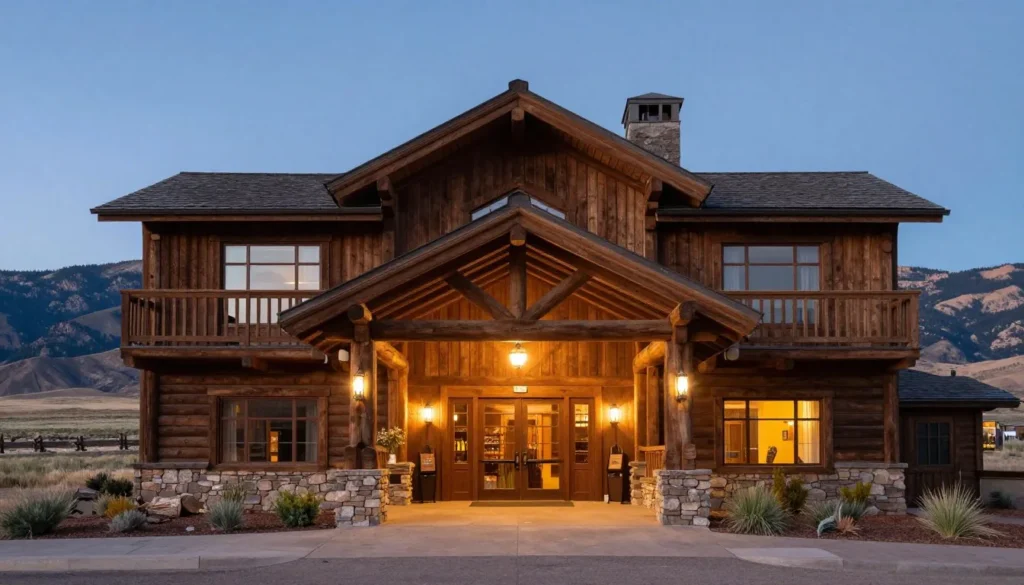 Cozy mountain lodge exterior with wooden architecture and mountain views