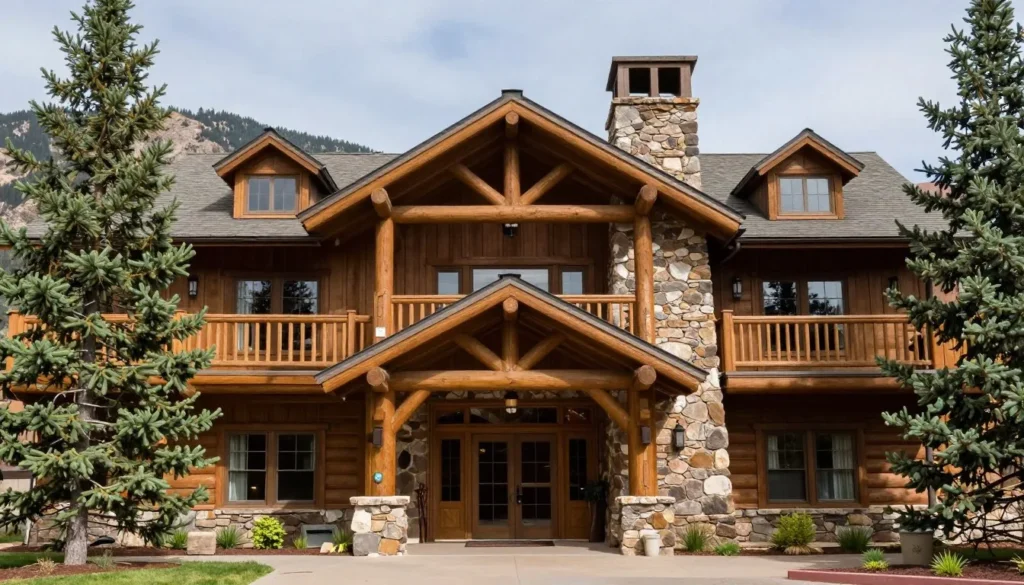 Cozy mountain lodge exterior with wooden architecture surrounded by pine trees in Colorado
