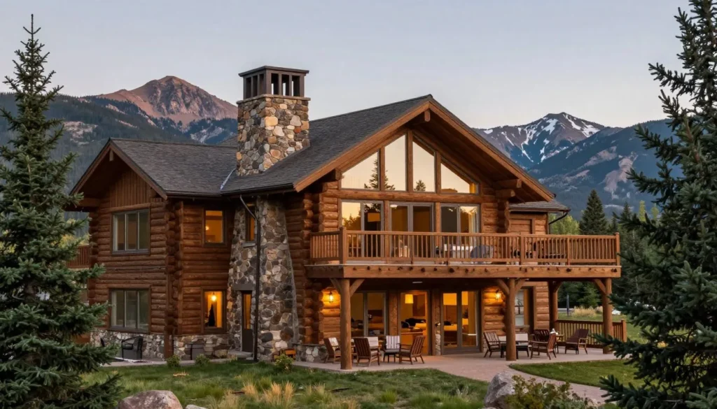 Cozy mountain lodge exterior with wooden construction and mountain views Cozy mountain lodge exterior with wooden construction and mountain views