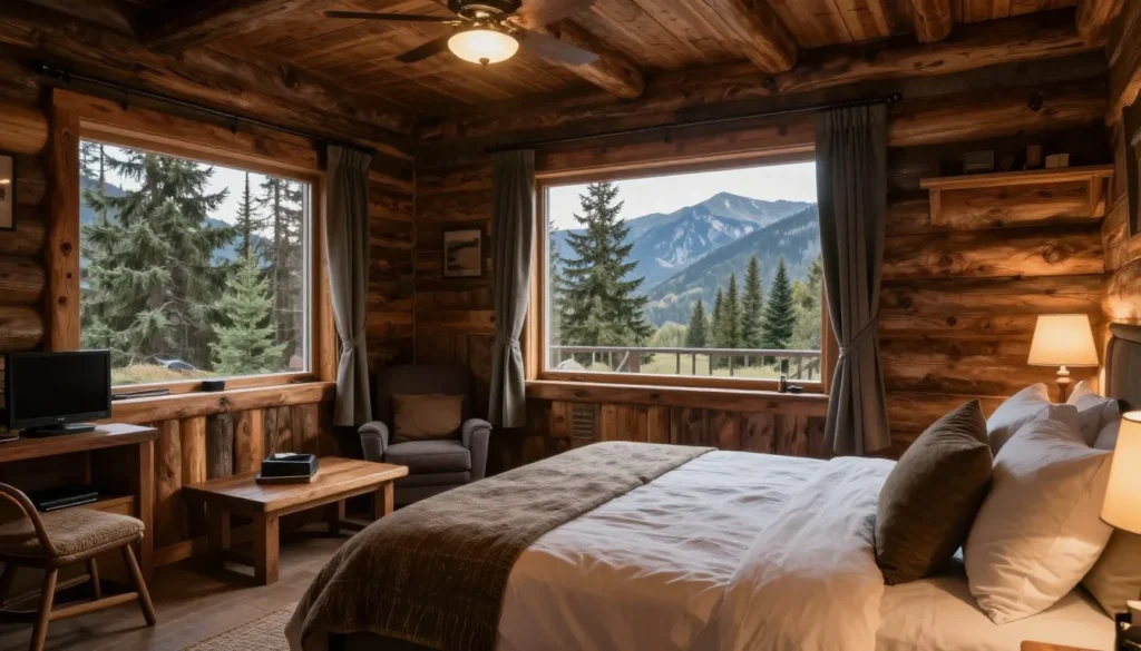 Cozy mountain lodge room with rustic wood interior and mountain views through window