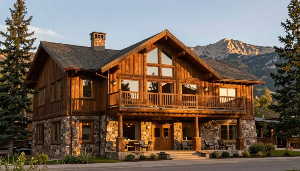 Cozy mountain lodge with wooden exterior surrounded by pine trees Cozy mountain lodge with wooden exterior surrounded by pine trees