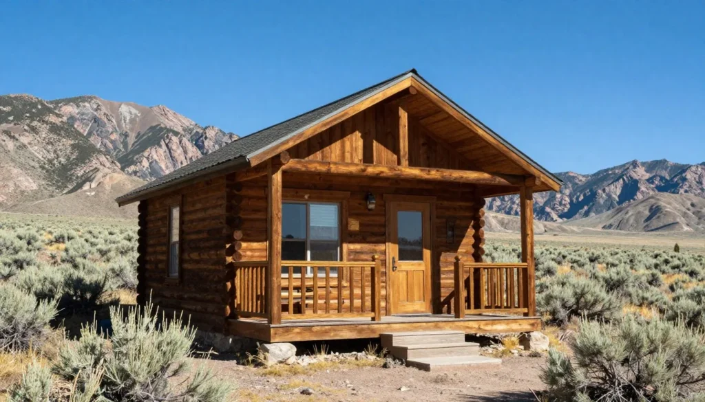 Cozy rustic cabin exterior with mountain landscape in Nevada Great Basin area