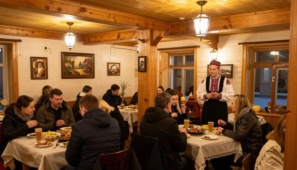 Cozy traditional Russian restaurant interior with diners