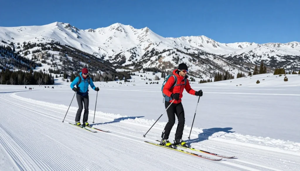 Cross-country skiers on groomed trails at Rabbit Ears Pass Cross-country skiers on groomed trails at Rabbit Ears Pass