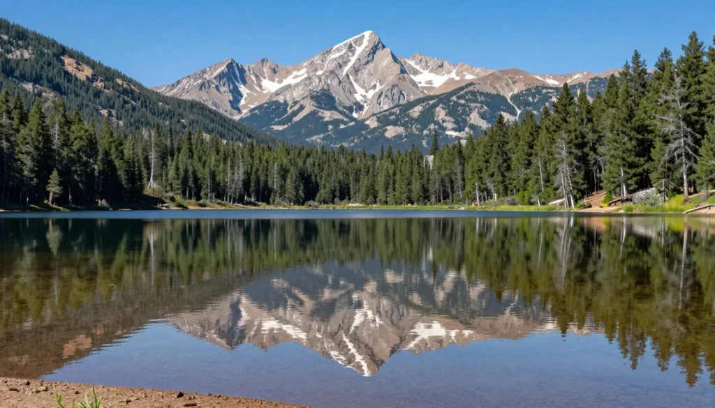 Crystal Reservoir reflecting Pikes Peak with surrounding forest and mountain landscape Crystal Reservoir reflecting Pikes Peak with surrounding forest and mountain landscape