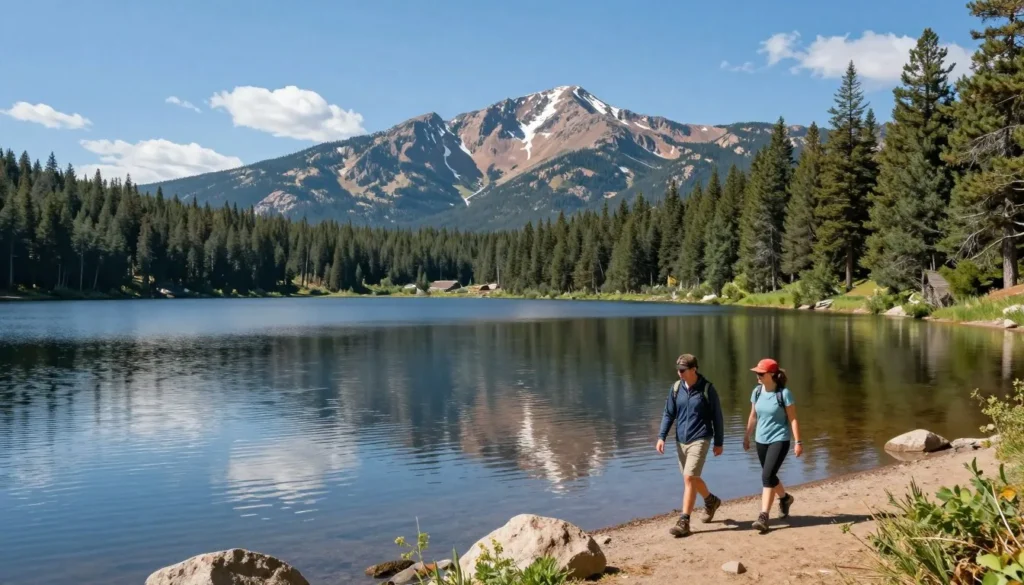 Crystal Reservoir with mountain reflections and forest surroundings Crystal Reservoir with mountain reflections and forest surroundings