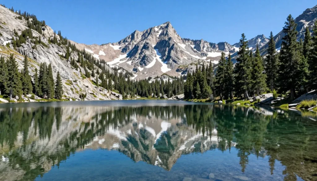 Crystal clear alpine lake reflecting mountain peaks and pine trees in Great Basin National Park