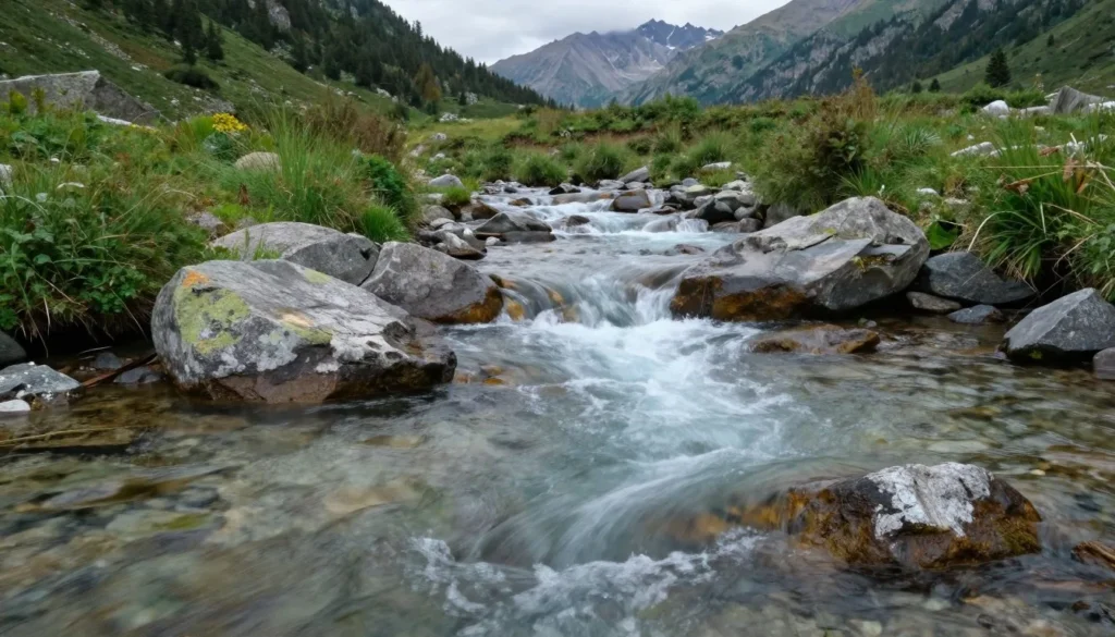 Crystal clear mountain creek flowing through rocky alpine terrain