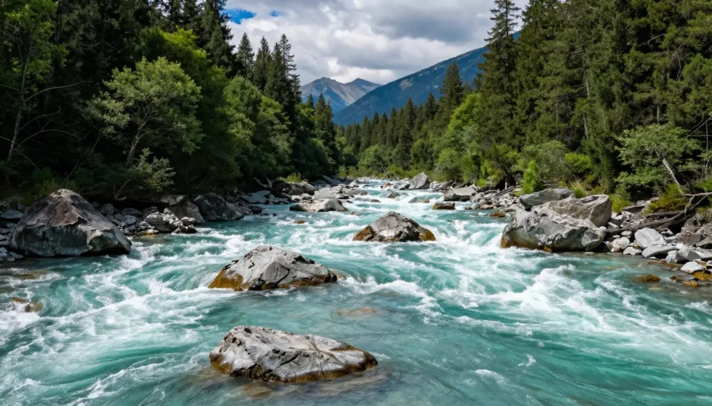 Crystal clear mountain river flowing through rocky canyon with forests and peaks