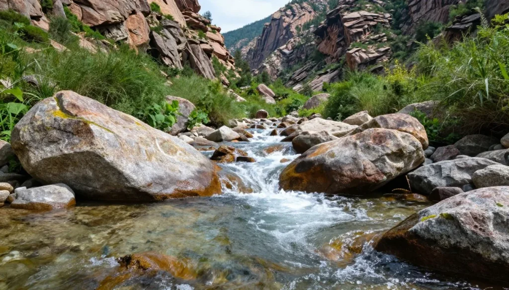 Crystal clear mountain stream flowing through rocky canyon