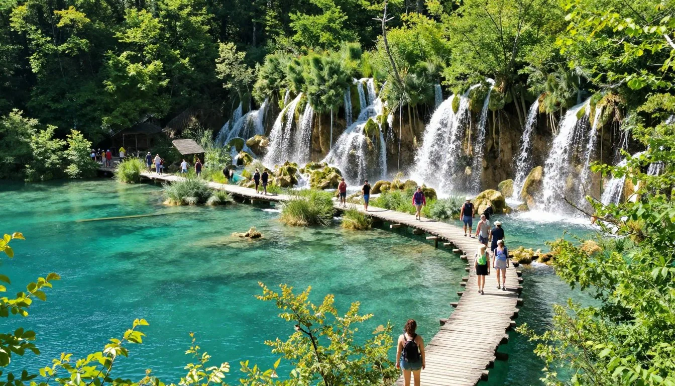 Crystal clear turquoise waters and cascading waterfalls at Plitvice Lakes National Park with wooden boardwalks winding through lush forest