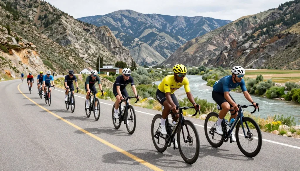 Cyclists riding along Bear River Range canyon road with mountain views