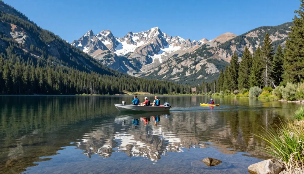 Deer Creek Reservoir with boaters and mountain reflections on calm water