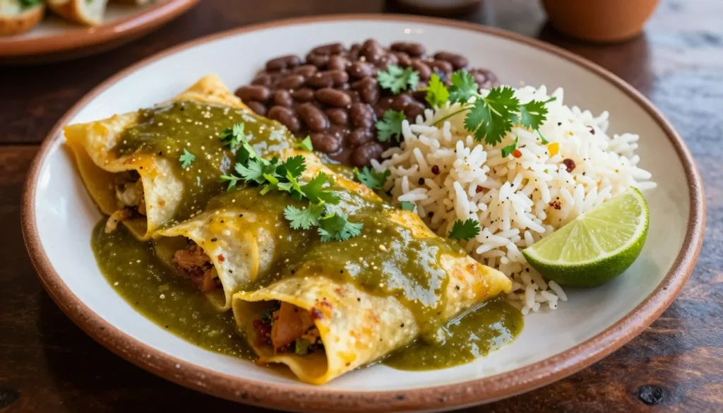 Delicious Southwestern cuisine platter with enchiladas, beans, and rice Delicious Southwestern cuisine platter with enchiladas, beans, and rice