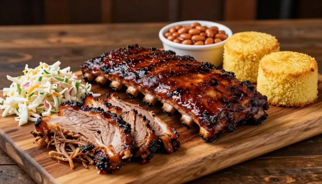 Delicious Tennessee barbecue platter with ribs pulled pork and traditional sides