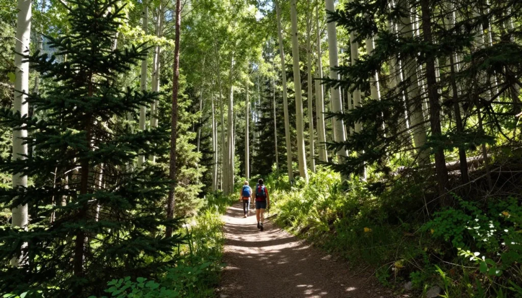 Dense pine and aspen forest with dappled sunlight on trail Dense pine and aspen forest with dappled sunlight on trail