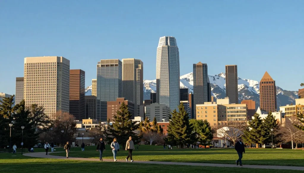 Denver skyline with Rocky Mountains backdrop in beautiful weather Denver skyline with Rocky Mountains backdrop in beautiful weather