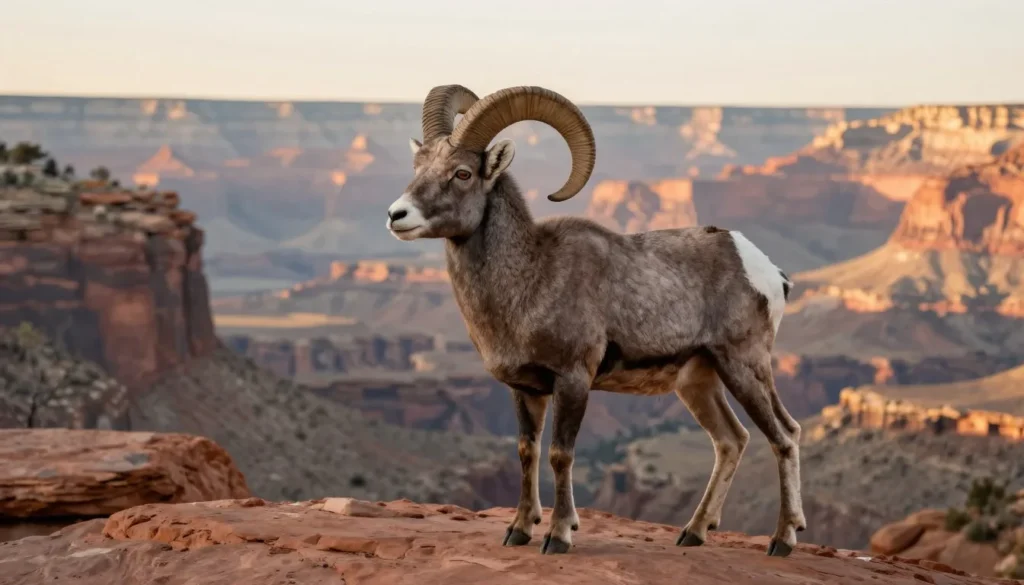 Desert bighorn sheep on red rock outcropping with canyon views Desert bighorn sheep on red rock outcropping with canyon views