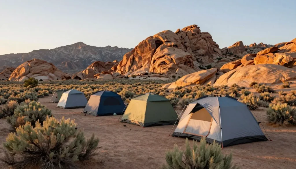 Desert camping area near Pyramid Lake with tent and mountain views