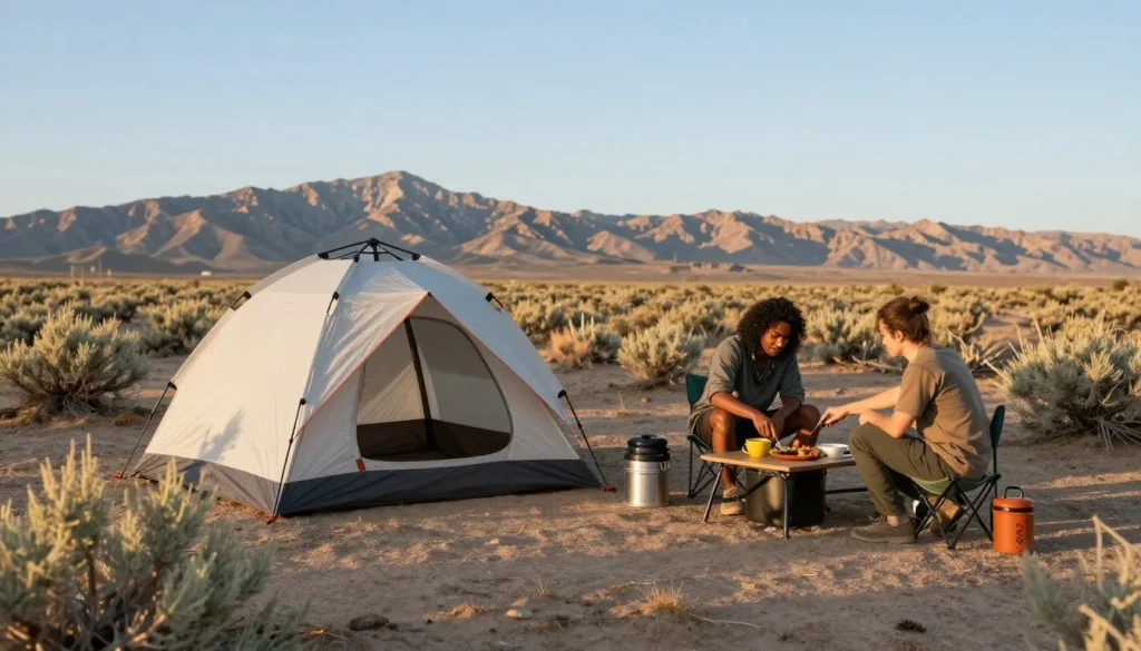 Desert camping scene with mountains and sagebrush at Round Mountain Recreation Area