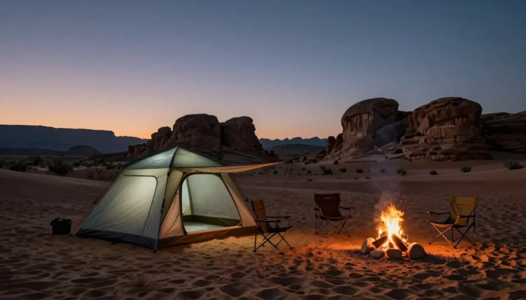 Desert camping scene with tent under starry night sky and sandstone cliffs