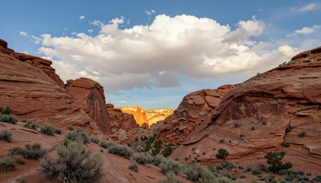 Desert canyon landscape with scattered clouds and dramatic rock formations Desert canyon landscape with scattered clouds and dramatic rock formations
