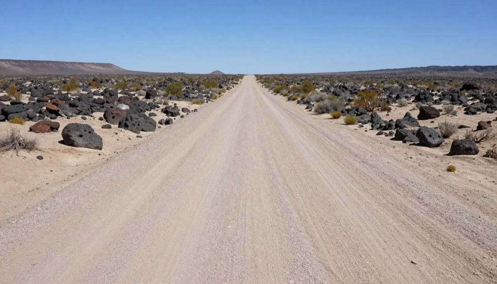 Desert dirt road winding through Nevada landscape with volcanic rocks and distant mountains