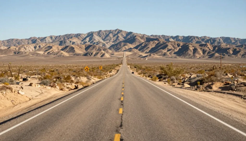 Desert highway approach to Ivanpah area with mountain backdrop