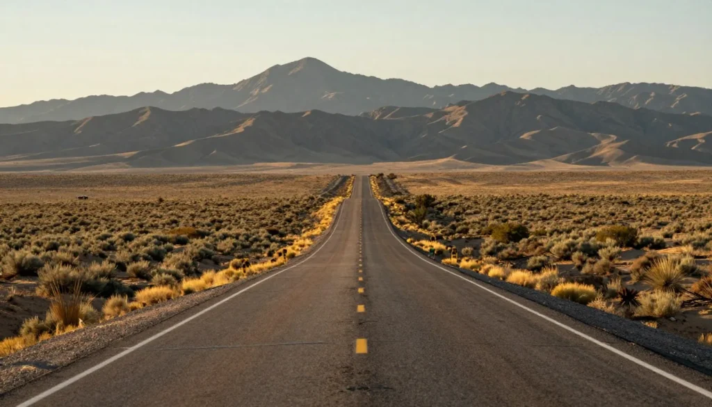 Desert highway approaching Cedar Mountain with mountain backdrop Desert highway approaching Cedar Mountain with mountain backdrop
