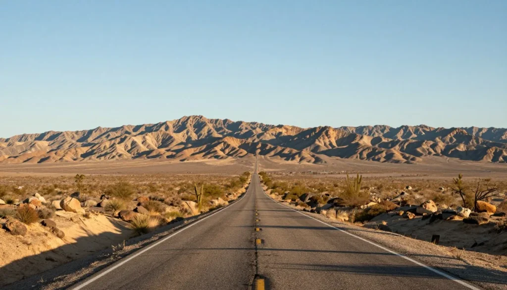 Desert highway stretching through Mojave Desert Nevada with mountains in background