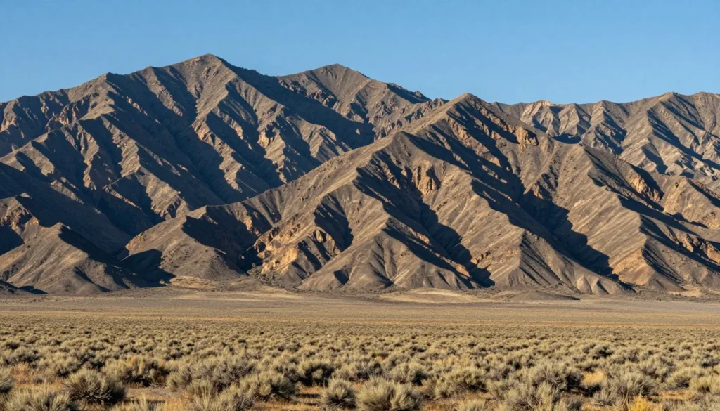 Desert landscape view showing Quinn River mountain range under clear afternoon sky