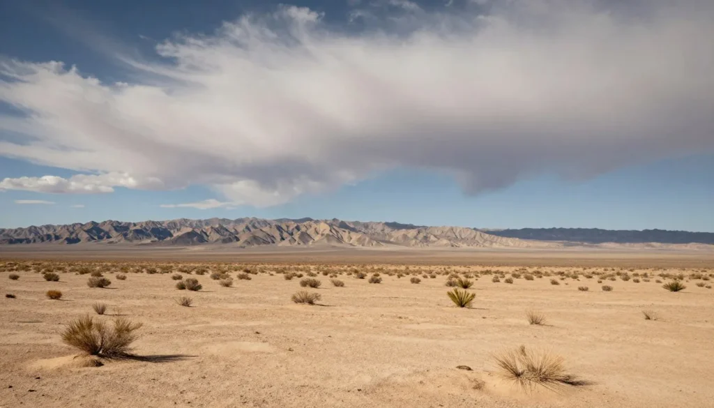 Desert landscape with dramatic cloud formations and open terrain Desert landscape with dramatic cloud formations and open terrain