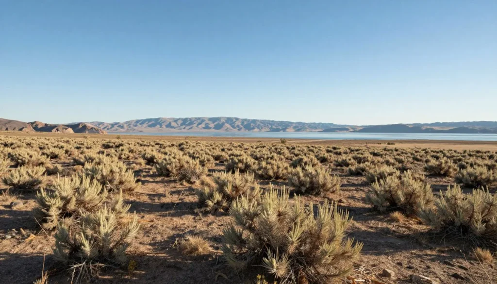 Desert landscape with sagebrush and distant lake view