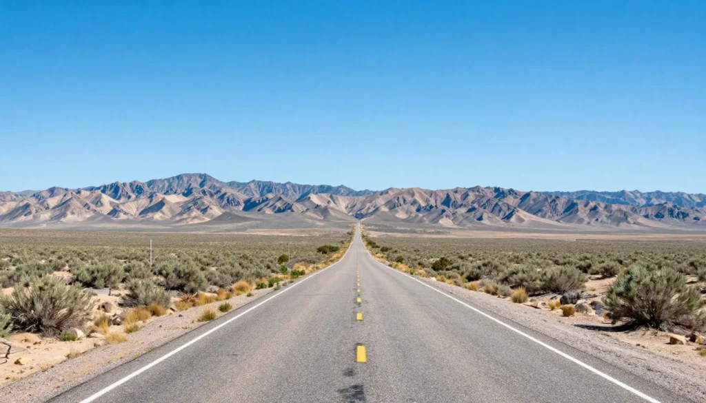 Desert road leading to Pyramid Lake Nevada with mountain backdrop
