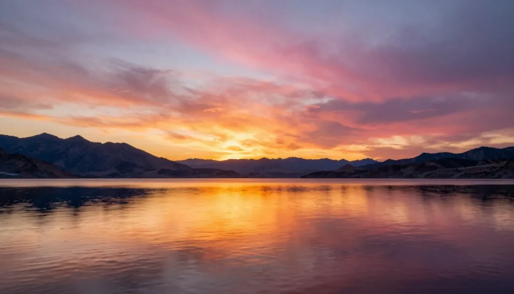 Desert sunset over Lake Mead with golden light reflecting on calm water
